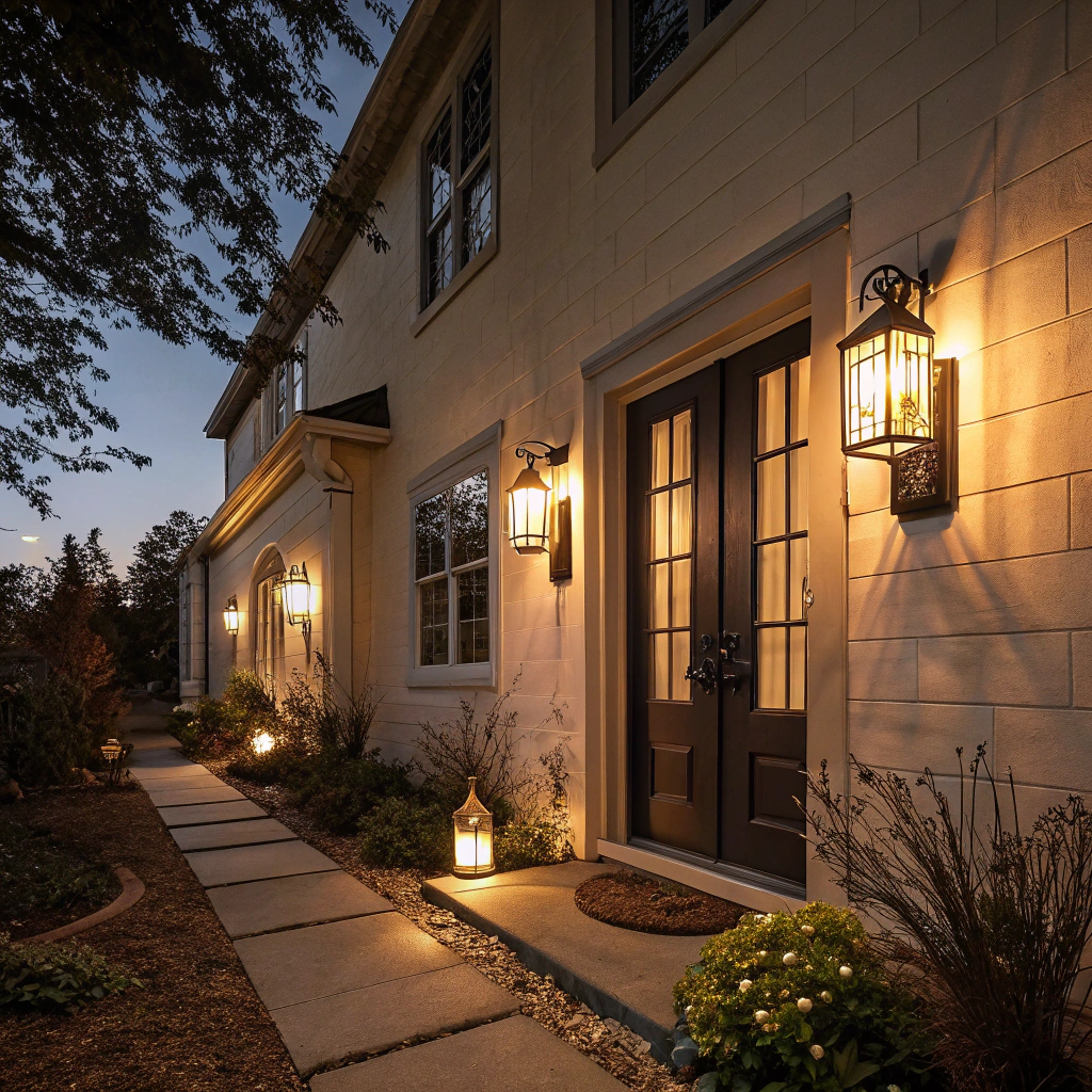 House exterior illuminated by warm outdoor wall and pathway lights at dusk.